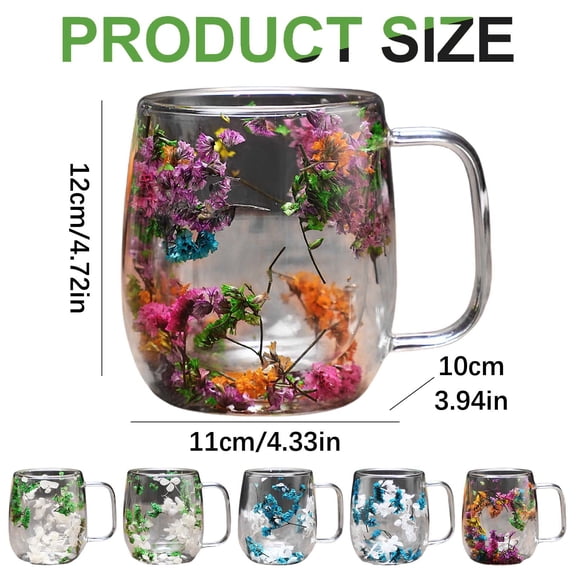 390ml Double Wall Glass Coffee Cup with Real Dried Flowers, Insulated Clear Tumbler for Coffee, Tea, Latte, Home, Office & Gift Use