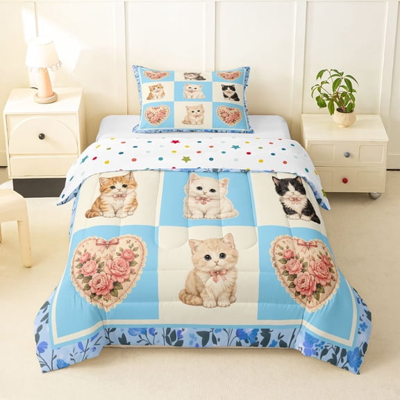 Homewish Blue Pet Cat Plaid Twin Comforter Sets,Lovely Floral Bedding Set,Polkadot Reversible,2pcs,1 Comforter and 1 Pillowcase