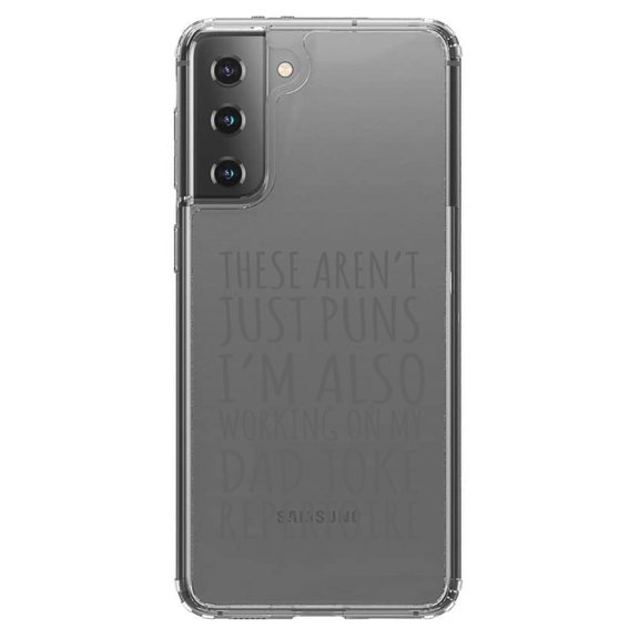 DistinctInk Clear Shockproof Hybrid Case for Galaxy S21 5G (6.2" Screen) - TPU Bumper Acrylic Back Tempered Glass Screen Protector - Not Just Puns I'm Also Working Dad Joke