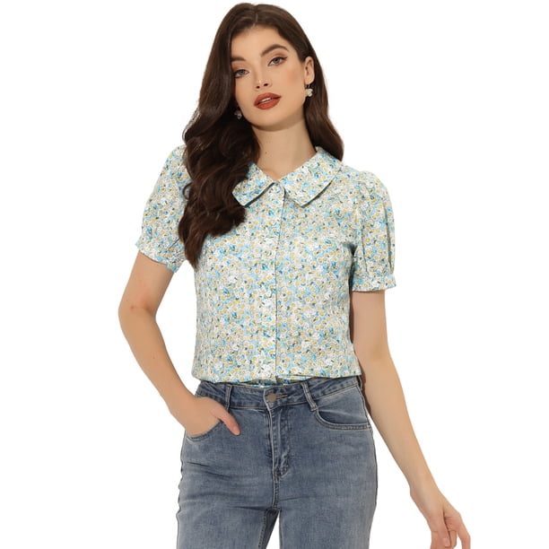 Blusa de manga abullonada floral con cuello en punta de camisa abotonada para mujer Blues XL