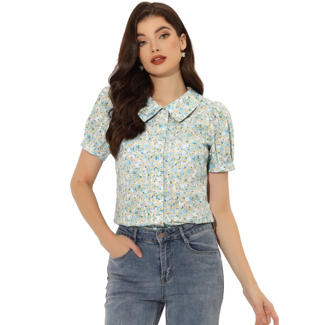 Blusa de manga abullonada floral con cuello en punta de camisa abotonada para mujer Blues XL