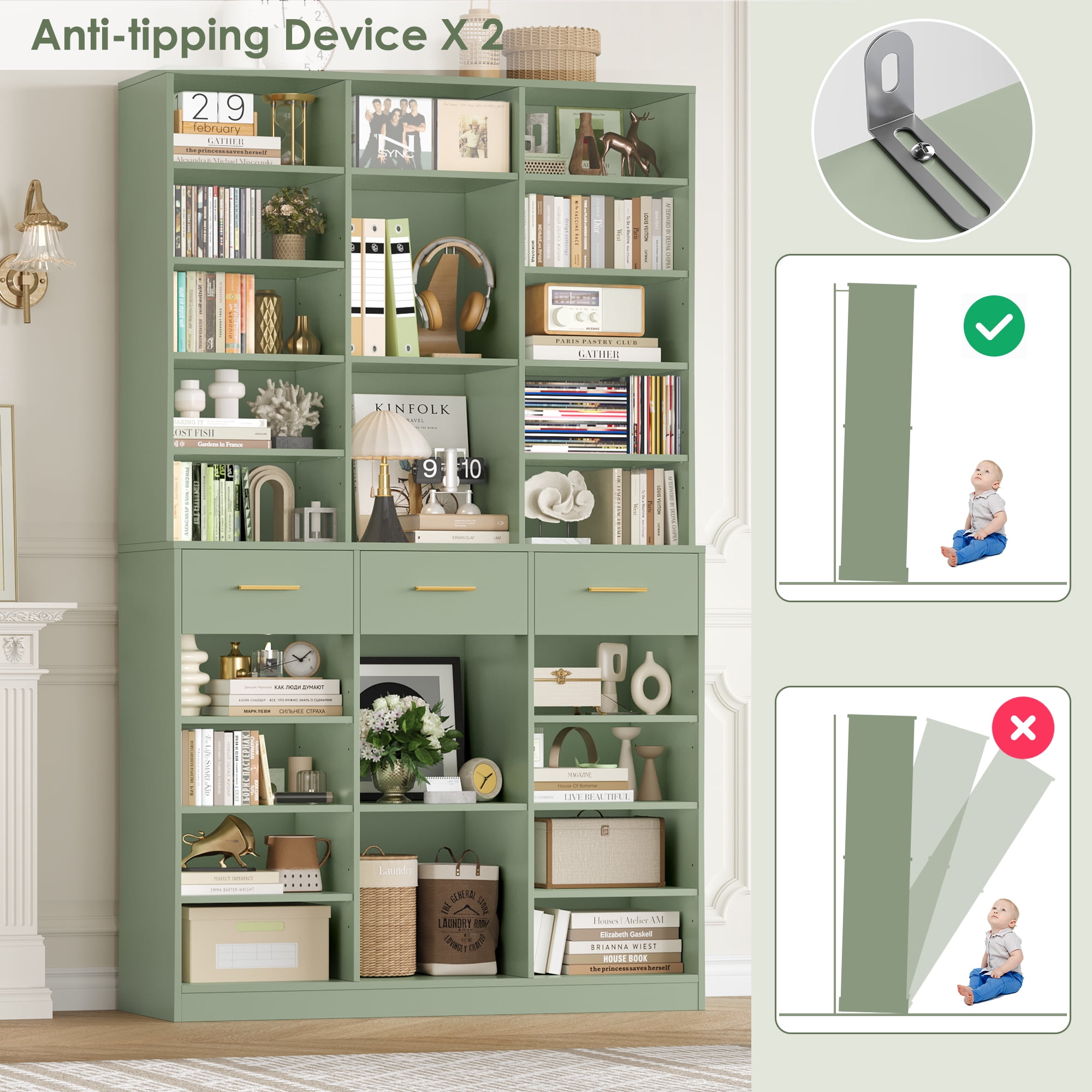 Homfa 75'' Tall Bookcase with Adjustable Shelves, 3 Drawers Display Bookshelf For Living Room, Home Office, Green