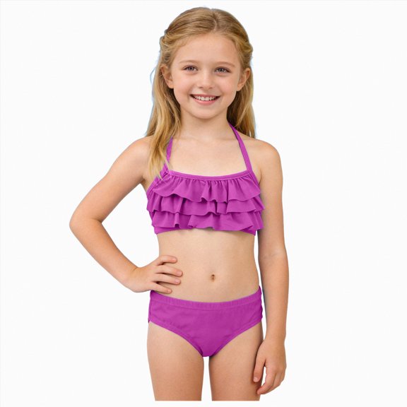 Linfrsh Girls Two Piece Swimsuits Teen Girls Swimsuits Two Piece Bikini Sets with Chest Pad(Purple,5-6 Years)