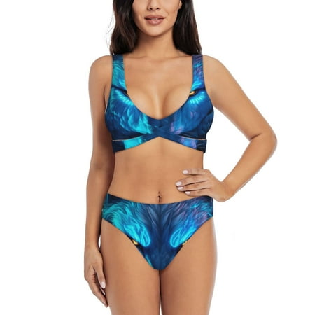 Zeuib Futuristic Blue Light Wolf High Waisted Tummy Control Bikini Set - Knot Front Push Up Top & Cheeky Thong Bottom  Two-Piece Swimsuit for Women-Medium