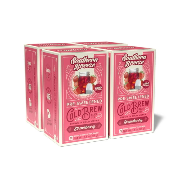 Southern Breeze Cold Brew Sweet Tea Strawberry Iced Tea with Black Tea and Zero Carbs Zero Sugar, 20 Individually Wrapped Tea Bags, Pack of 4