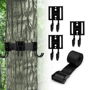 DIY.   STORE 3 Pcs Metal Gear Hooks with Treestand Strap, Treestand Strap Multi-Hook, Tree Stand Hangers Platform Sadle Hunting Gears, Gear Hanger for Hunting,Camping,Hiking