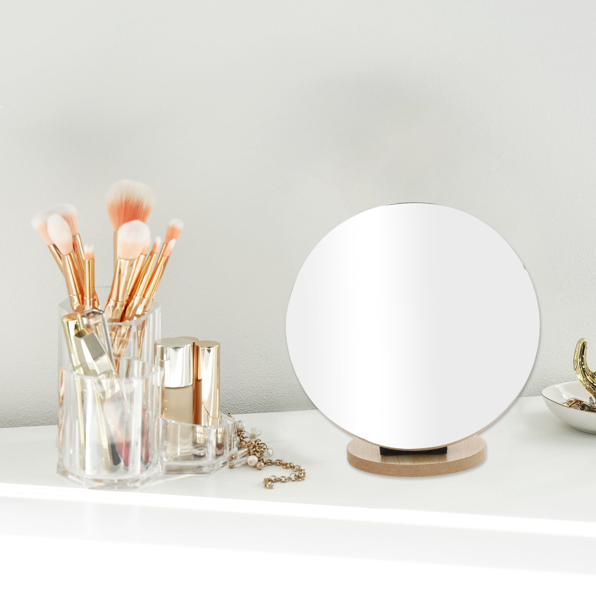 Unique Bargains 1 Pc Small Round Desktop Cosmetic Mirror for Business Travel Wood Color