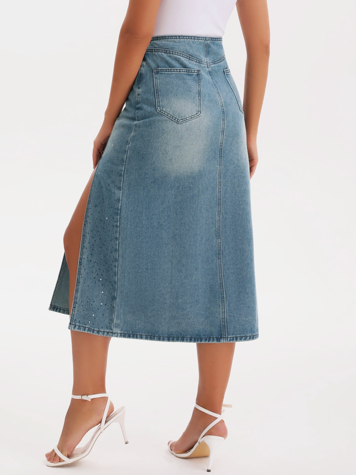 DARING DIVA Women's Midi Denim Skirt Side Split Rhinestone Jean Skirts XX-Large Gray Blue