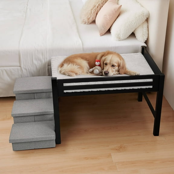 Bedside Dog Bed with Stairs and Mattress, Elevated Wooden Pet Bed Frame with 3-Step Foldable Storage Staircase & Plush Mattress, for Medium Dogs and Large Dogs, Large Size