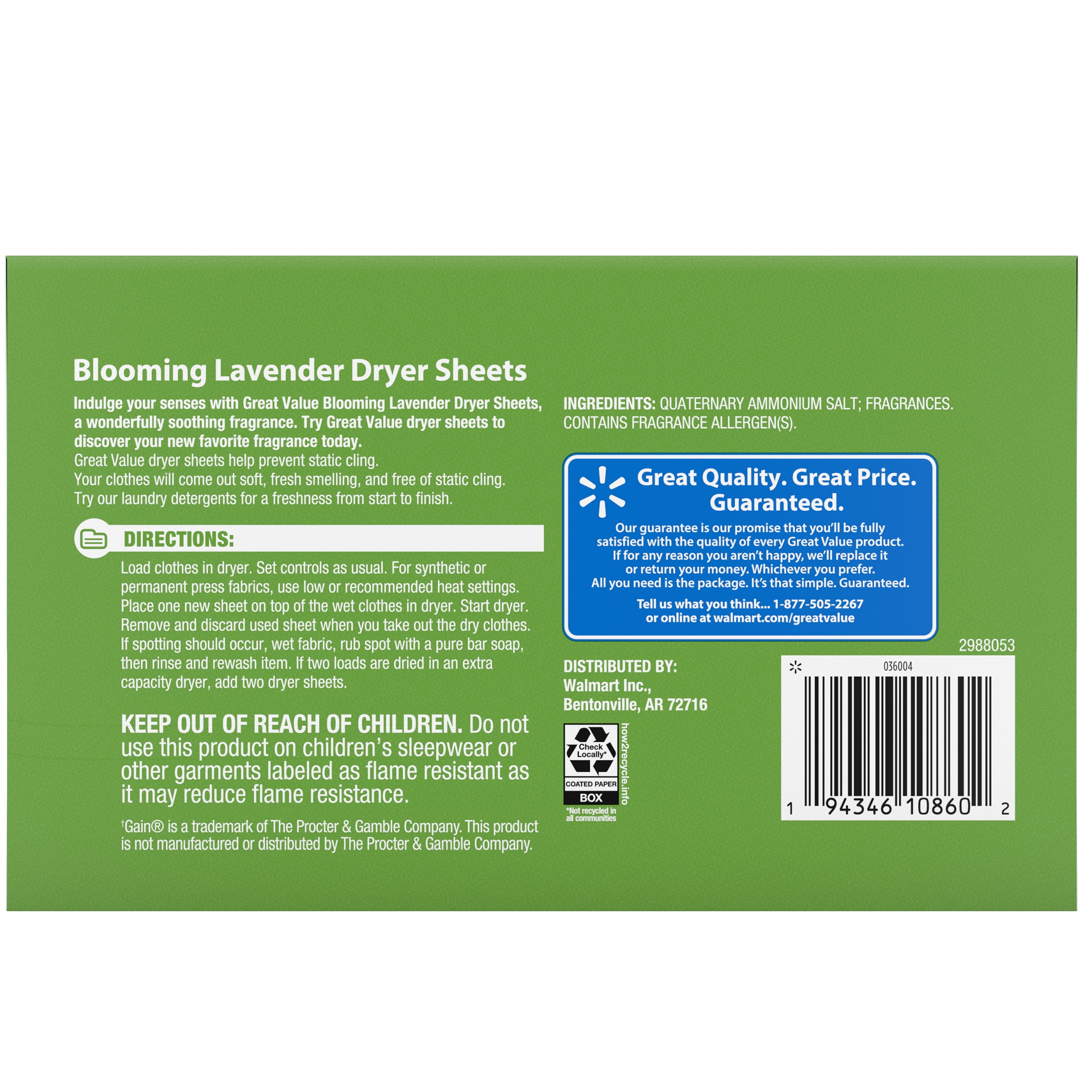 Great Value Ultimate Fresh Dryer Sheets, Blooming Lavender, 180 Count, Compare to Gain®