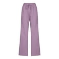 thumbnail image 4 of QATAINLAV Holiday Sales, Cotton Linen Pants for Women Summer Loose Fit Wide Leg Beach Pants Solid Casual Drawstring Elastic Waist Sweatpants with Pockets Purple XXXL, 4 of 7