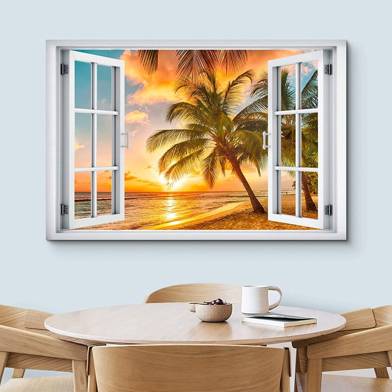 wall26 Canvas Print Wall Art Window View Neon Sunset Sky Tropical