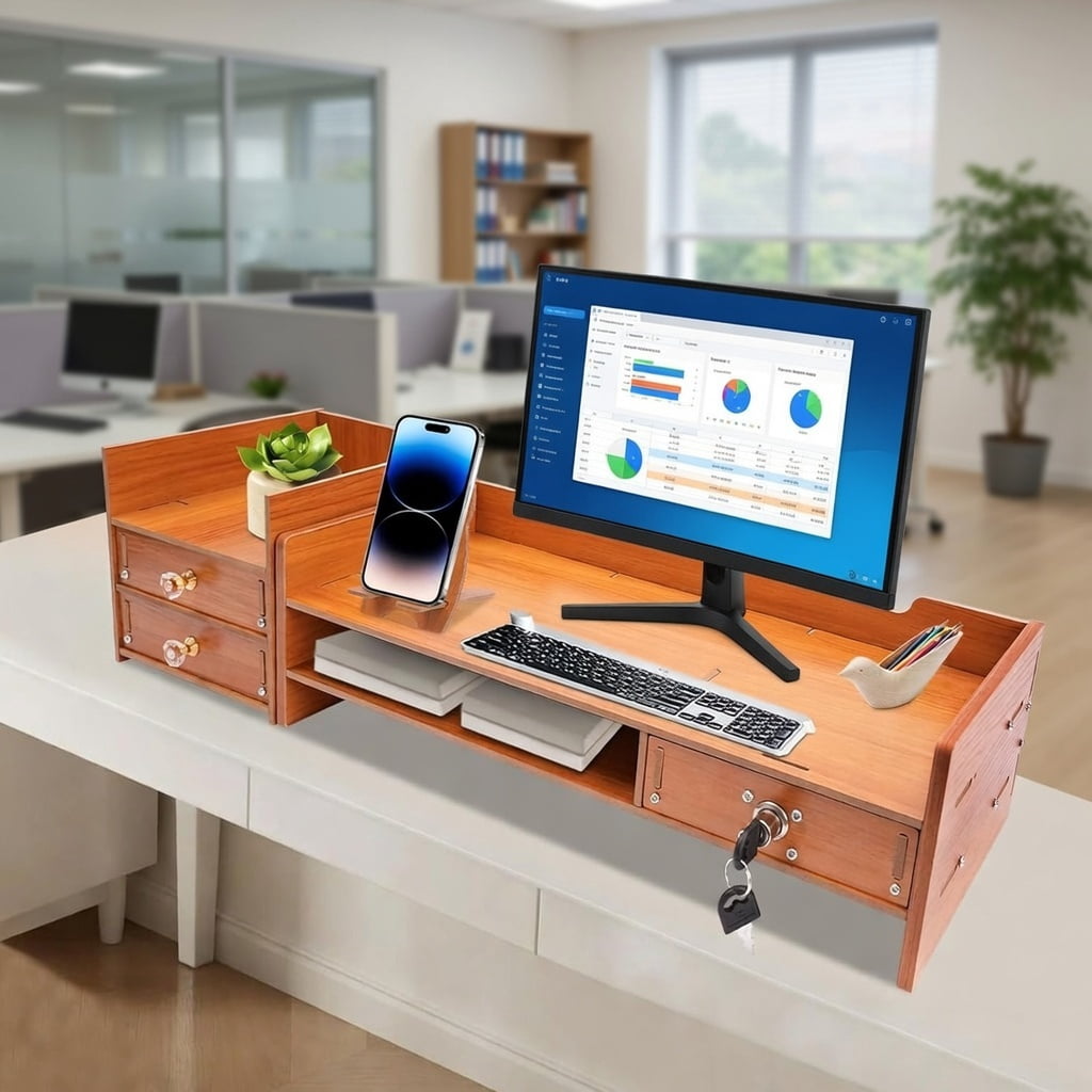Wooden Desk Monitor Riser with Secure Drawer and Storage Slots