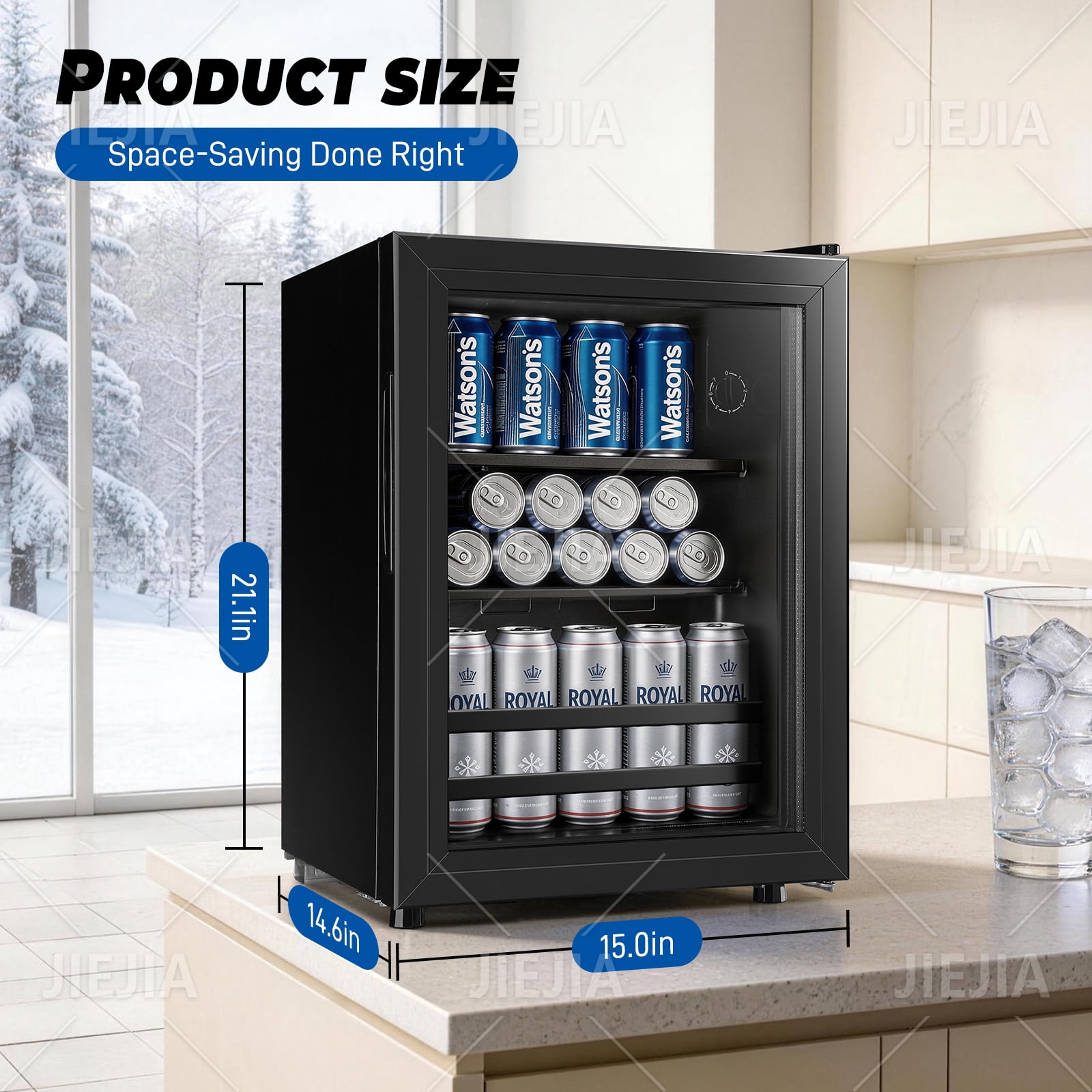 JIEJIA 50 Can Mini Fridge and 1.4 Cu.ft Beverage Cooler Refrigerator with Glass Door for Home, Office