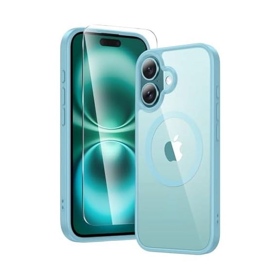 FU2004 for iPhone 16 Plus Case: Clear Case Magnetic Military Grade Drop Protection Anti Yellowing Cell Phone Cover Rugged Shockproof Protective Bumper Transparent Cases - Cyan