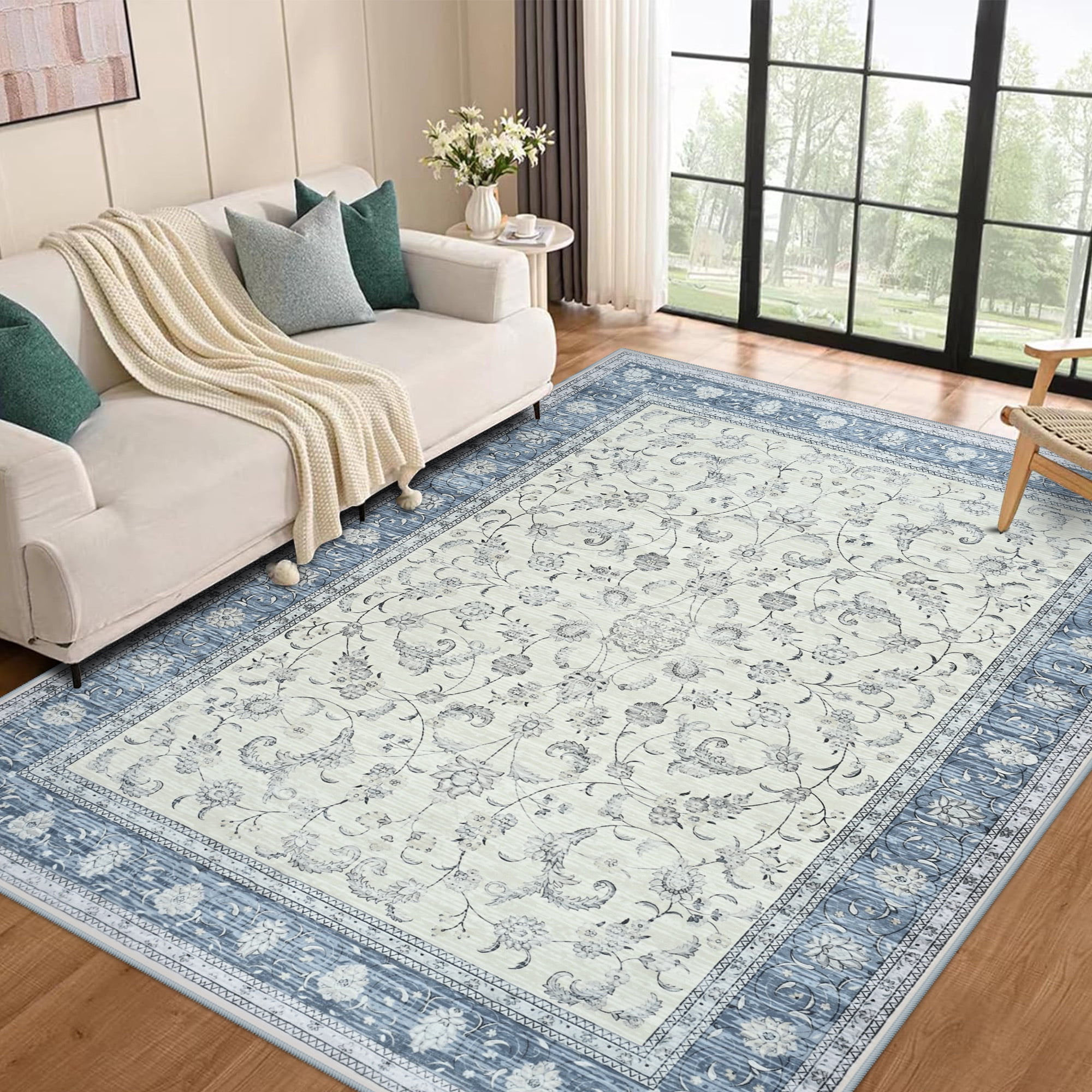 Wondo 6x9 Ft Light Blue Floral Area Rug - Machine Washable Low Pile Non-Slip Carpet, Boho Vintage Farmhouse Decor for Living Room, Bedroom, Nursery & Office
