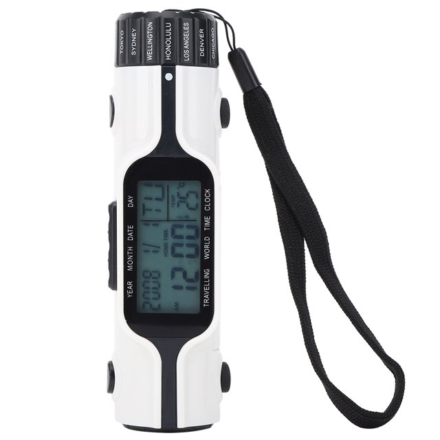 Reloj despertador digital con linterna electrónica 3 en 1 y termómetro con pantalla retroiluminada de hora mundial.