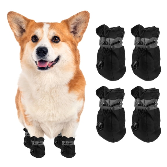 Uxcell Dog Shoes Dog Boots, Paw Protector Anti-Slip Sole Winter with Reflective Strap Waterproof Soft, (4Pcs, Oxford, Size 5, Black), for Small Medium Puppies/Walking/Outdoor/Hardfloor