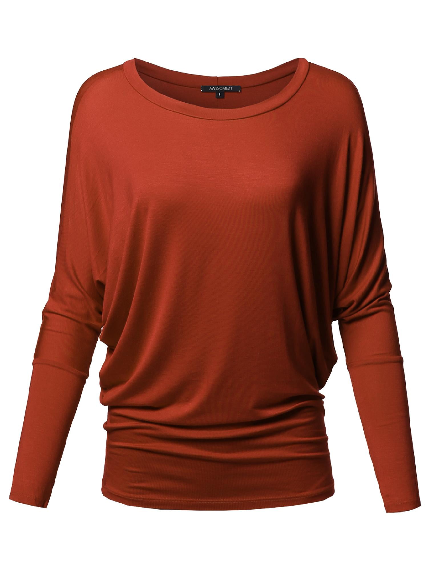 FashionOutfit Women's Casual Solid Boat Neck Long Dolman Sleeve Top MADE in USA