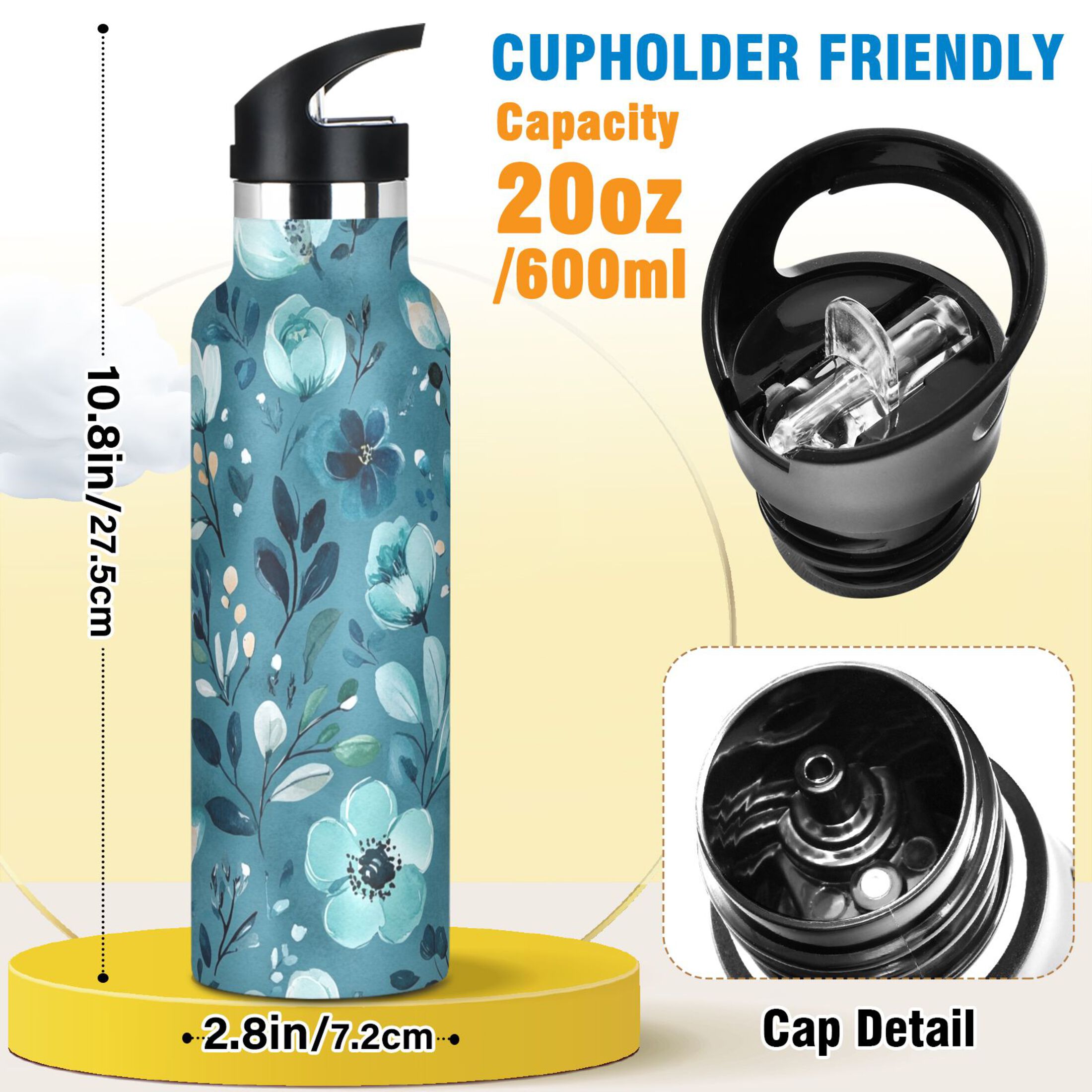 600ML Stainless Steel Insulated Cup Sports Water Bottle Portable Thermos Cup Water Glasses Insulated Tumblers Convenient and Durable Cartoon Teal Flowers Seamless