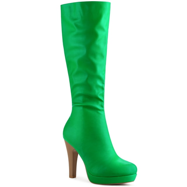Unique Bargains Bottes à Talon Épais à Bout Rond à Plateforme Hauteur Genou pour Femme Vert (Taille 11)