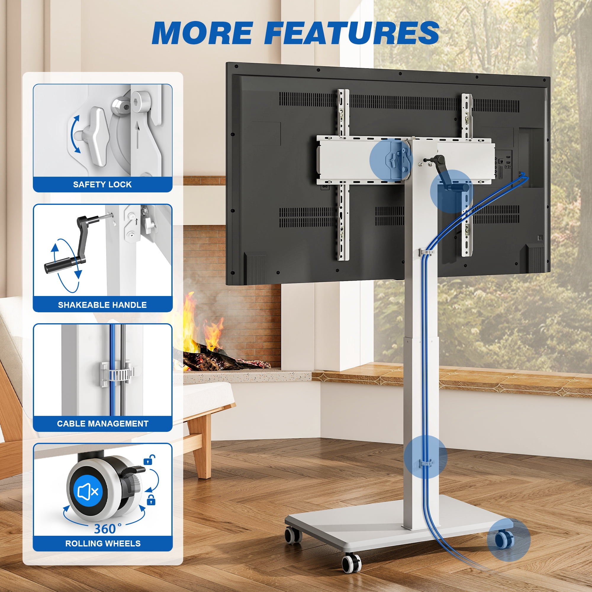 RTVR Mobile TV Cart Stand with Hand Crank Lift for 42-75 inch Screens, ±90° Rotation and ±5° Tilt Height Adjustable Swivel TV Stand with Wheels, White