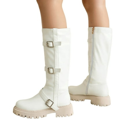 GHSOHS Cowboy Boots for Women Thigh High Boots Cowgirl Boots British Solid Leather Belt Buckle Decoration Thick Heel Long Sleeve Knee Length Boots Comfort Rain Boots Dress Shoes Comfort Boots Size 38