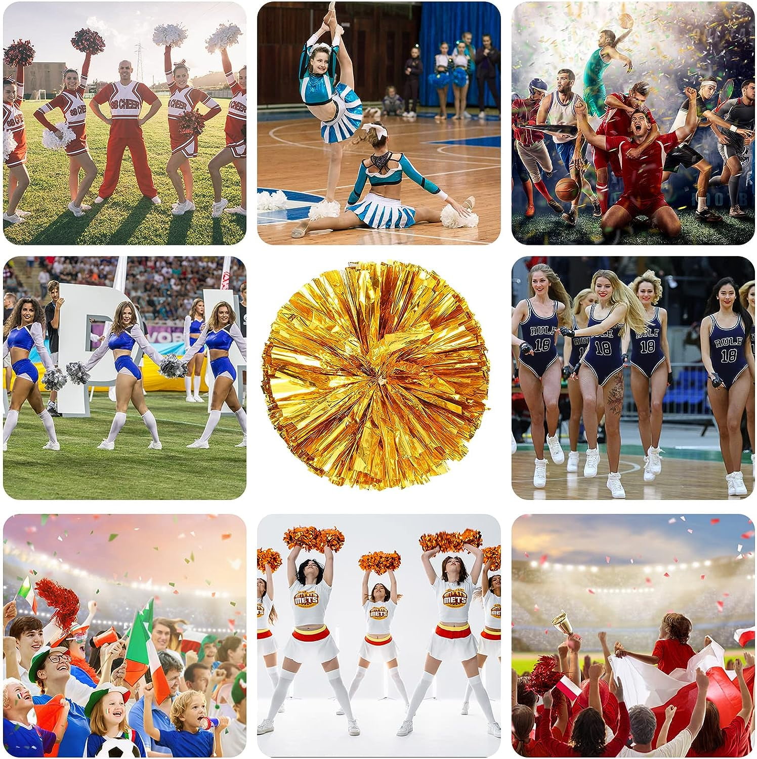 LINLIN 8 PCS Metallic Cheerleading Pom Pom for Team Spirit Sports Dance Cheering Kids Adults