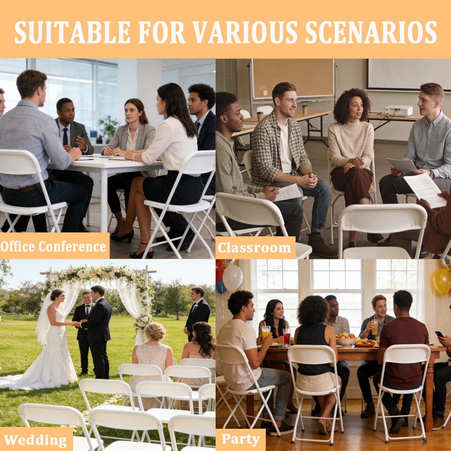 Behome 10 Pack Folding Chairs, Indoor Outdoor Stackable Event Chairs Commercial Seat for Dining, Kitchen,Wedding,Party,Office, 400lbs Capacity,White