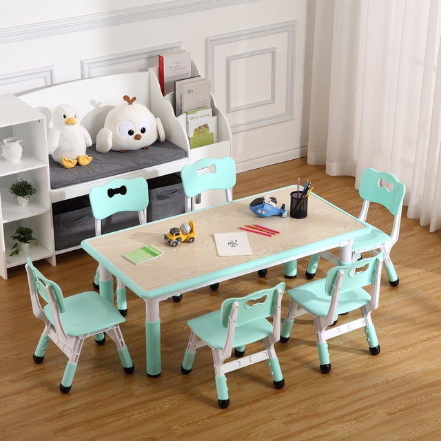 Yeshouse Mesa para niños y Set de 6 sillas, mesa para niños de 47" de altura regulable con patas antideslizy escritorio de Graffiti, Set de actividades preescolares con organizador incorporado