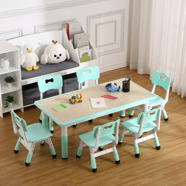 Yeshouse Mesa para niños y Set de 6 sillas, mesa para niños de 47" de altura regulable con patas antideslizy escritorio de Graffiti, Set de actividades preescolares con organizador incorporado