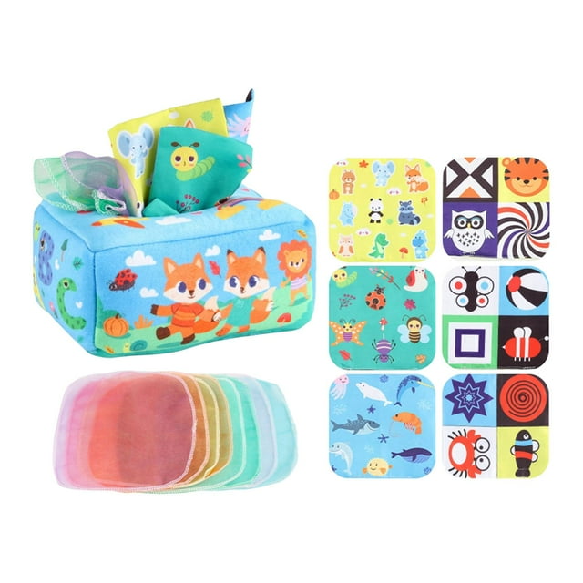 Caja de pañuelos para tirar, juguete sensorial, juguete de aprendizaje preescolar, aprendizaje temprano, pañuelos para tirar ocupados para niños peque zorros Hugo juego sensorial