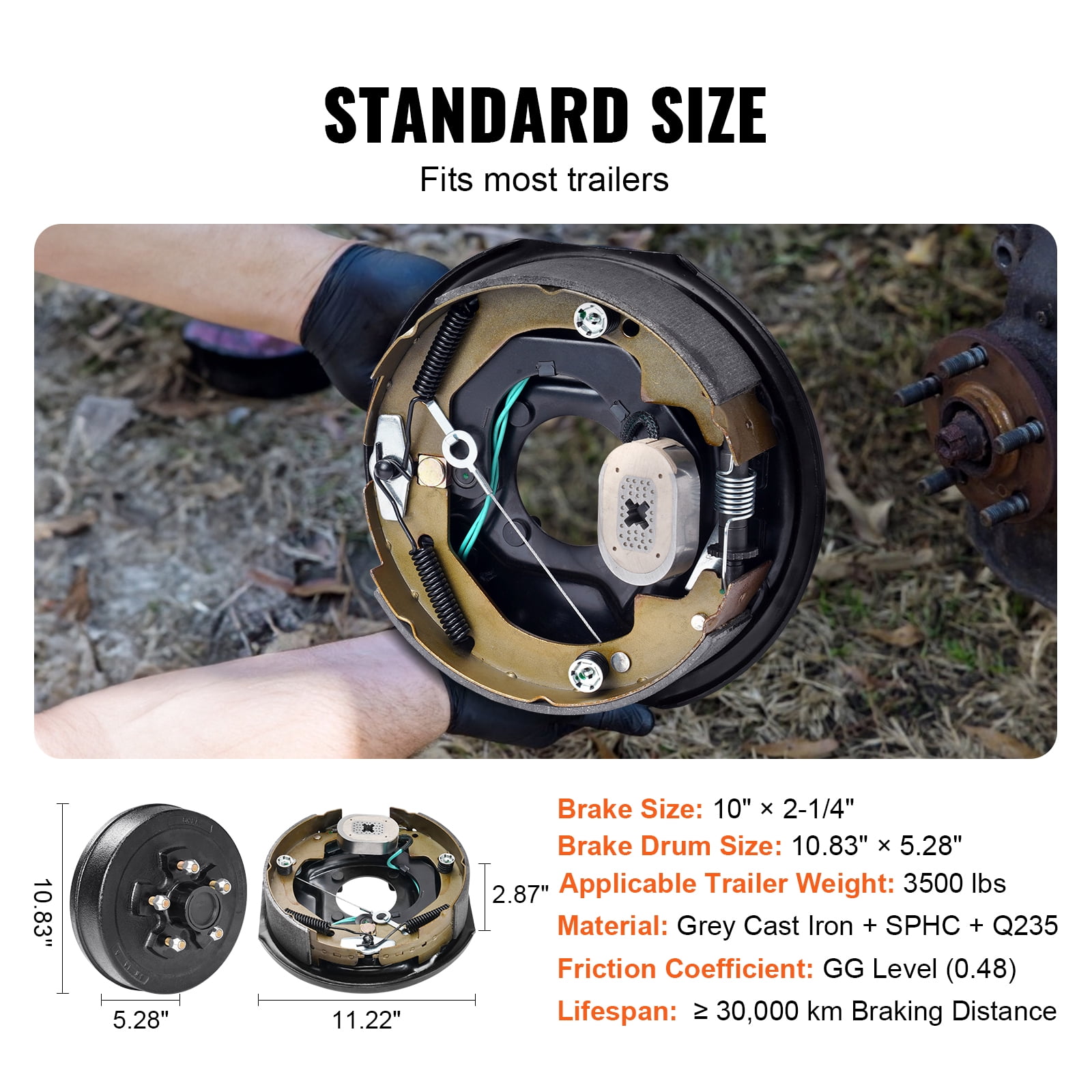 KFFKFF Electric Trailer Brake 10" x 2-1/4" & 5 on 4.5" Hub Drum Kit for 3500 lbs