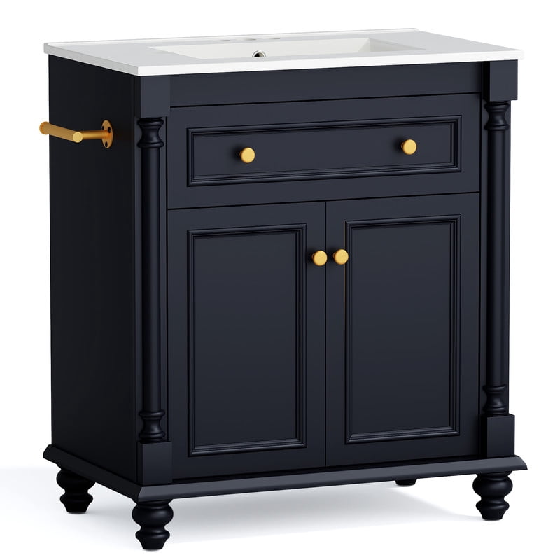 Lacoo 30'' Freestanding Bathroom Vanity with Integrated Ceramic Sink, Traditional Bathroom Storage Cabinet with Flip Drawer, Double Doors & Side Towel Bar, Blue