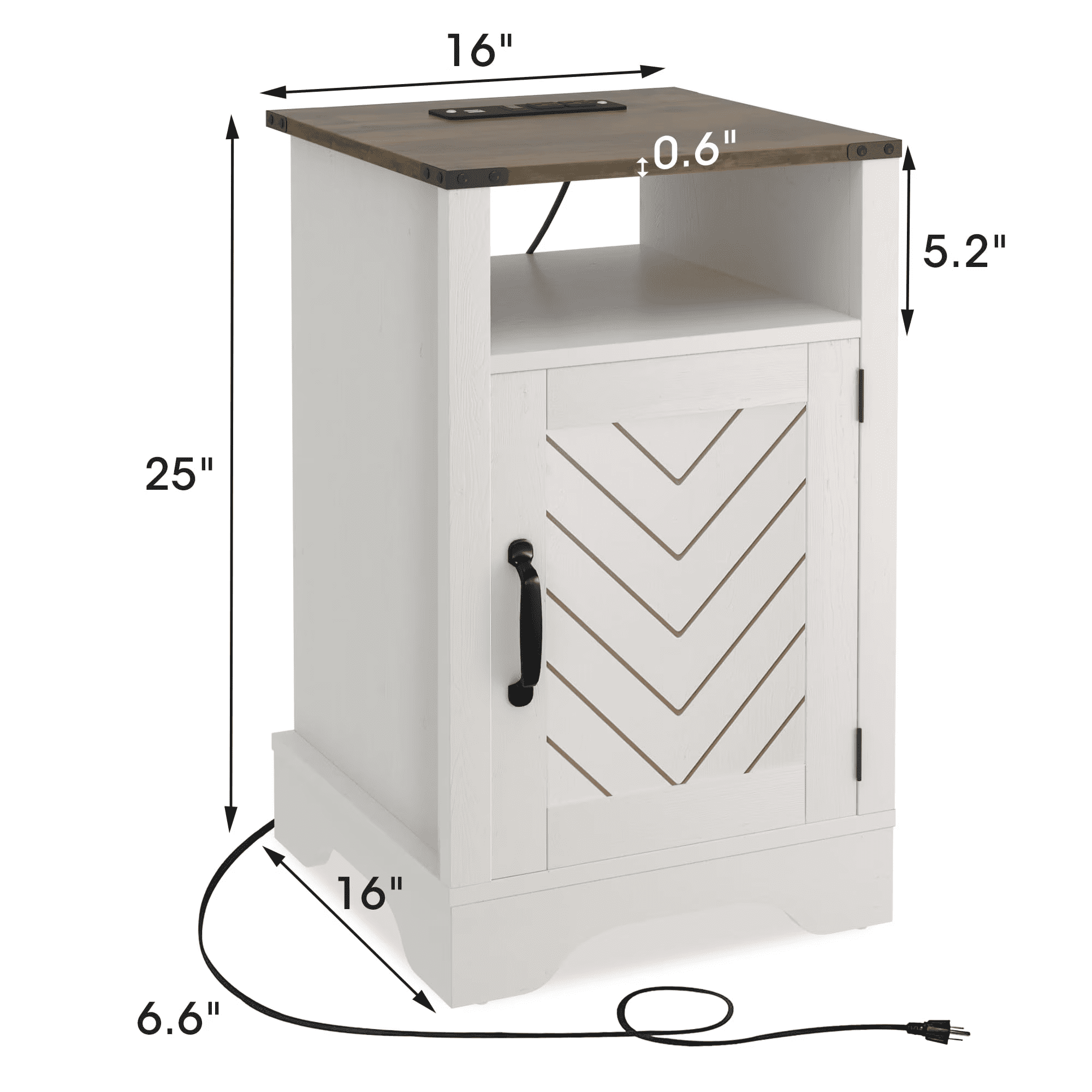 Farmhouse Nightstand with Charging Station, 2 USB Ports & 2 Power Outlets, Magnetic Cabinet Door Two-Tone Side Table with Cup Holder Open Shelf for Bedroom Entryway