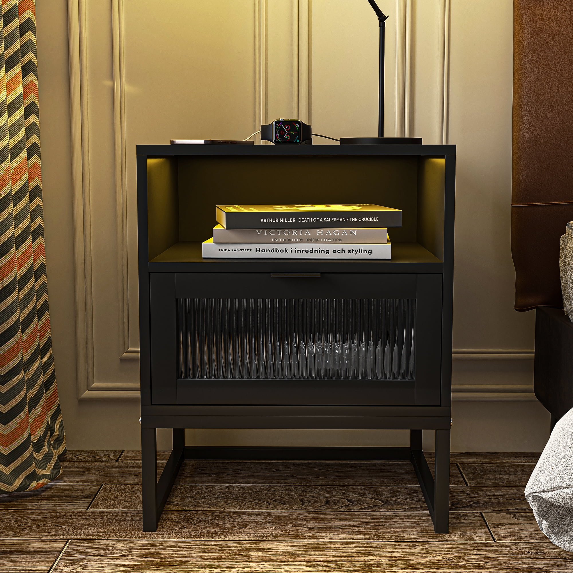 Resenkos Modern Nightstand with Charging Station and LED Lights Glass Drawer, Black Resenkos Modern Nightstand with Charging Station and LED Lights Glass Drawer, Black