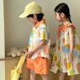 thumbnail image 3 of Conjunto de ropa de verano para niños, camisa y pantalones cortos con solapa estampada para niño, 2 uds., vestido elegante con cuello de pétalo para niñas, traje para hermanos y vacaciones, 3 of 6