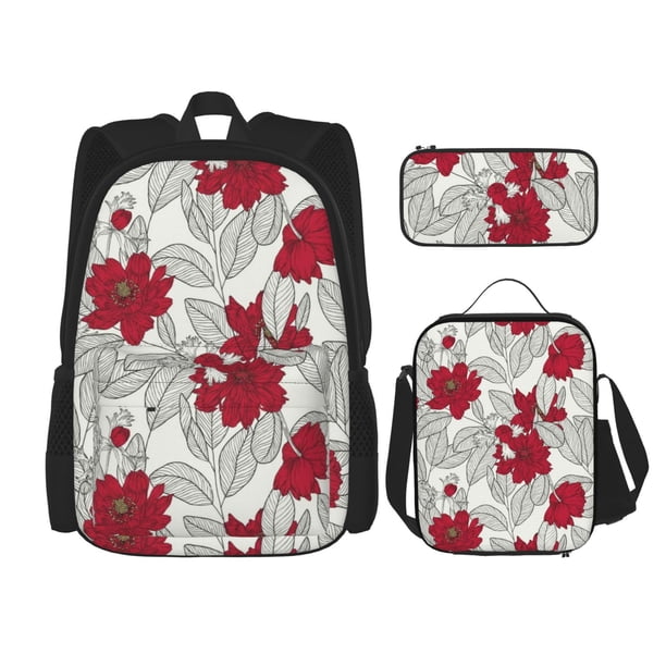 Fotbe Leaves And Anemone Flowers In Red Grey Set Escolar 3 en 1 para Niños - Mochila Duradera con Lonchera Aislante y Estuche para Lápices - Mochila Escolar para Niños y Niñas
