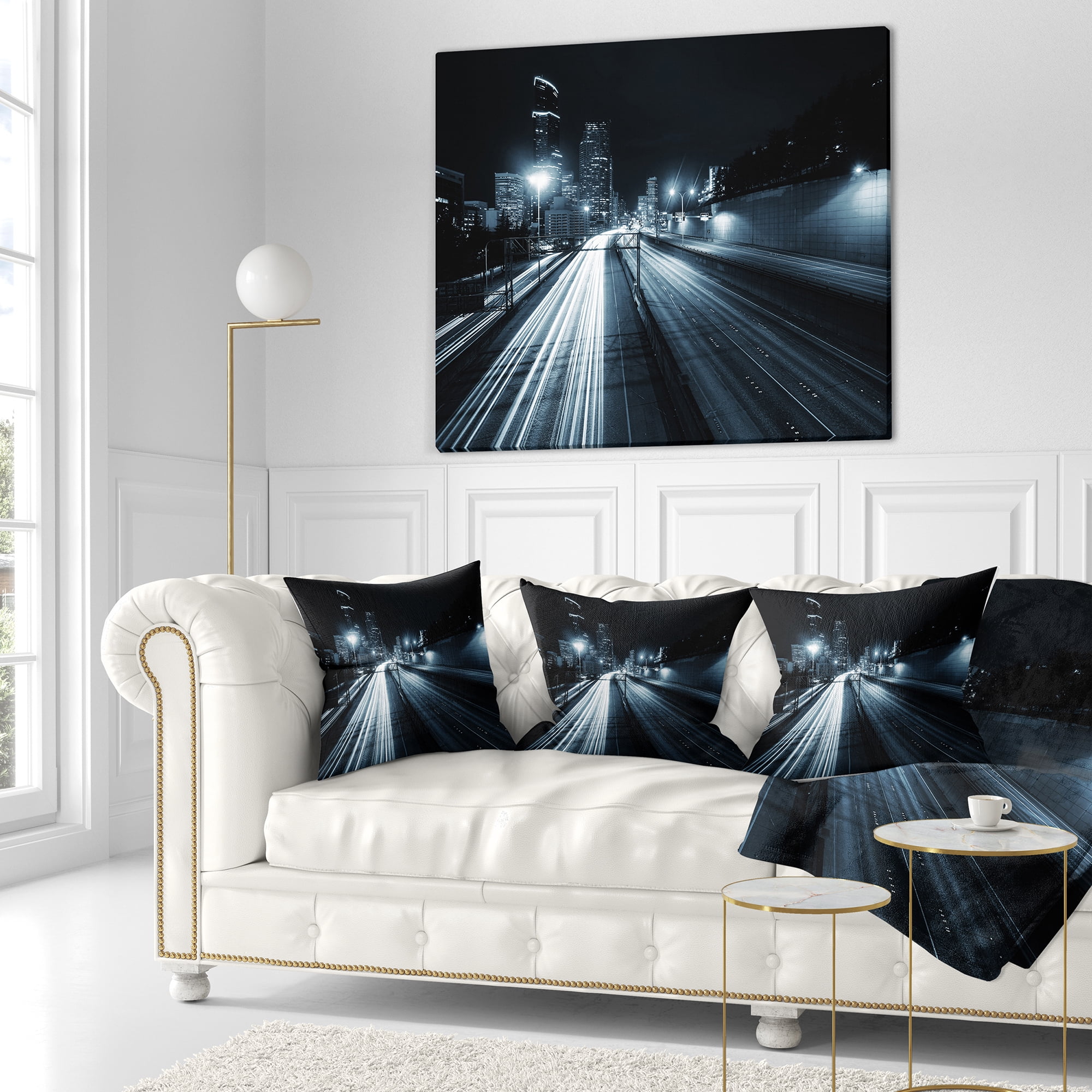 Designart Illuminated Traffic Trail in Downtown Seattle - Cityscape Throw Pillow - 18x18