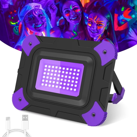 Rechargeable Black Lights, Battery Powered Blacklights for Glow Party Fishing Cordless Light Ultraviolet Flood Outdoor Waterproof, Body Painting, Fluorescent Poster 1Pack