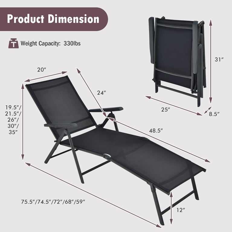 Gymax Set of 2 Adjustable Chaise Lounges, Folding Black photo 3