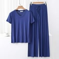 thumbnail image 2 of Miluxas Two Piece Pajama Set for Women Wide Leg Pants Short Sleeve Pullover Tops Outfits Summer Fall Casual Loose Sets Blue L(L), 2 of 3