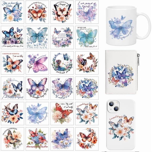 24 Pcs Butterfly Theme Cup Printing UV Transfer Papers 24 Styles Colorful Flowers and Butterflies UV DTF Cup Wrap Stickers for 16 OZ Glass Cups Crafts 3.2x3.2inch