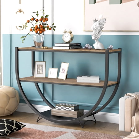 ONME Rustic Industrial Design Demilune Shape Textured Metal Distressed Wood Console Table,Distressed Brown