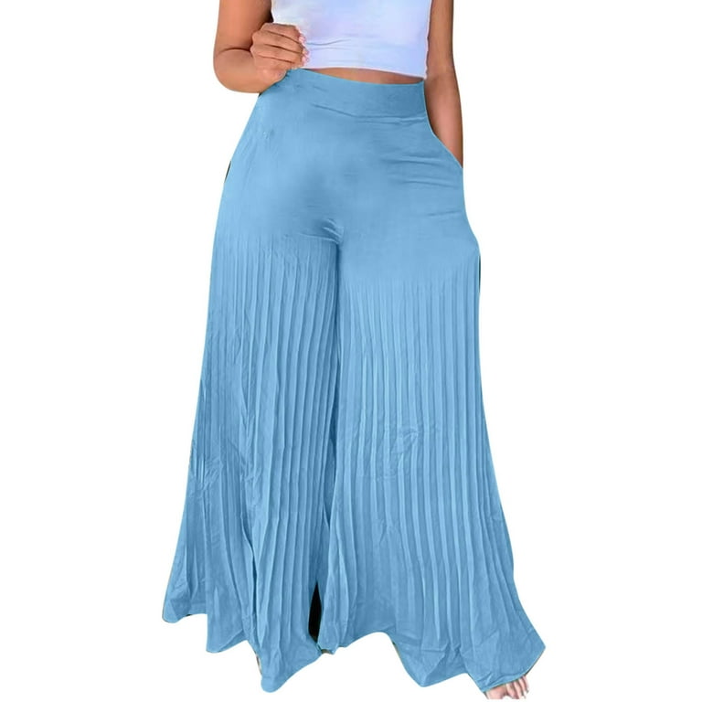 KIHOUT Women's Casual Solid Wide Leg Pants Trousers Flare Chiffon Pockets  Elastic Waist Double Layer Crinkle 