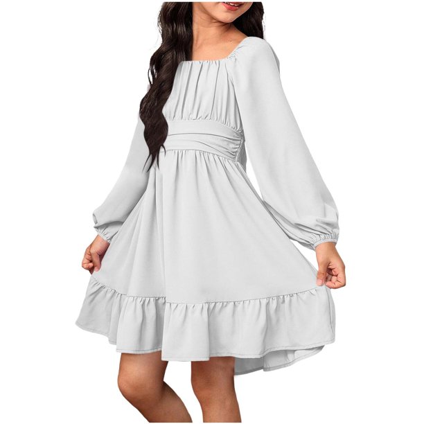 Vestido Largo de Manga Larga de Color Sólido de Moda Y Cómodo para las Niñas con Falda Plisada de Cinturón para Diario, Viajes, Vacaciones, Fiestas de Cumpleaños