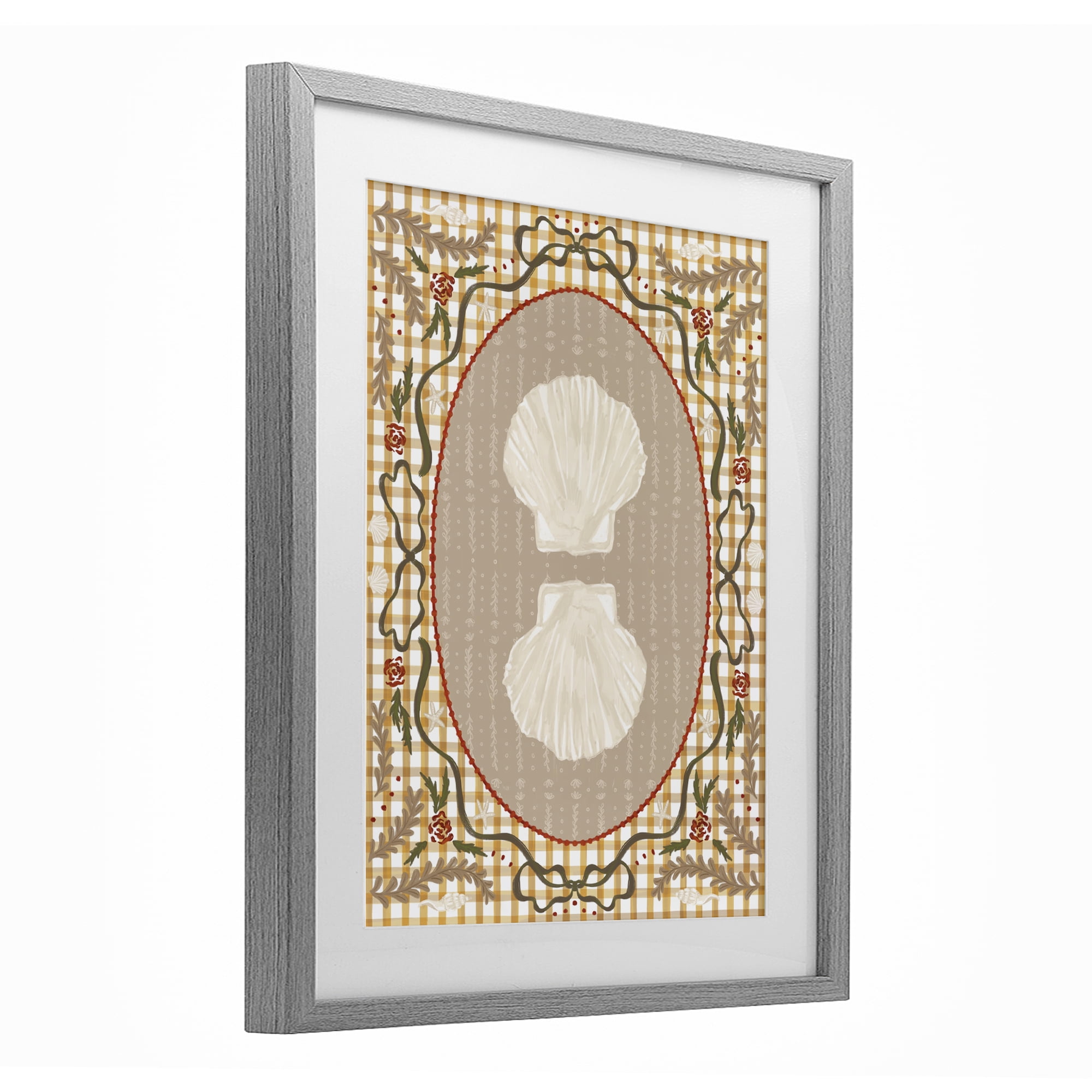 Stupell Industries Vintage Shells on Gingham Gray Framed Print Under Glass, design by Vero Illustrates