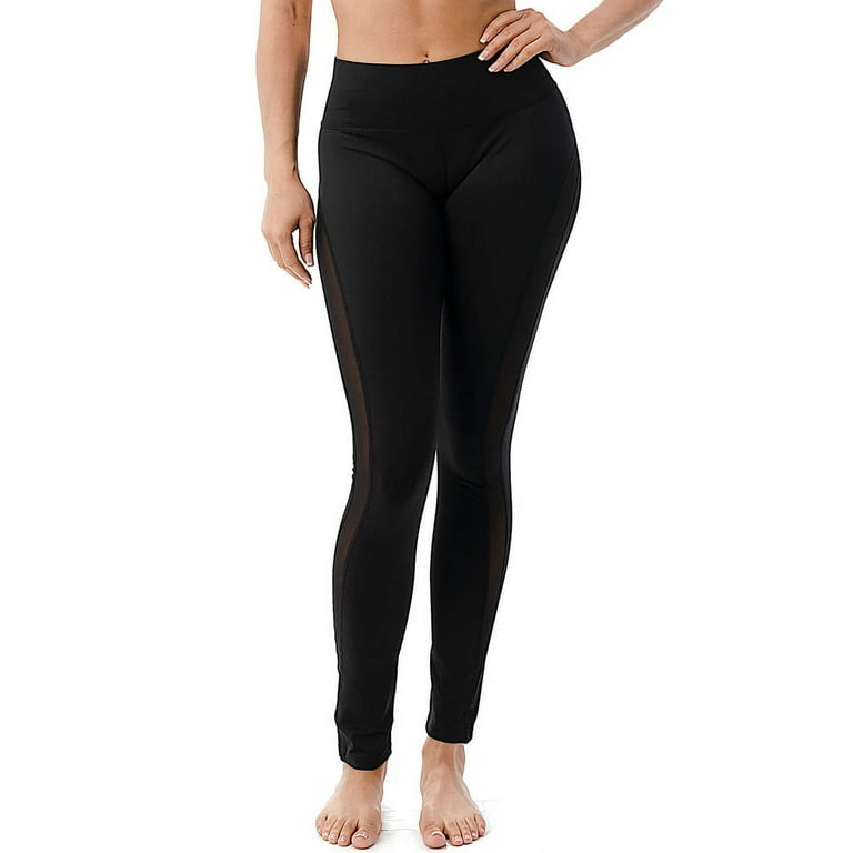 Women's Skinny Leggings Mesh Panel 4-way Stretch Sports Workout Breathable  Yoga Pants Black Female Size Medium