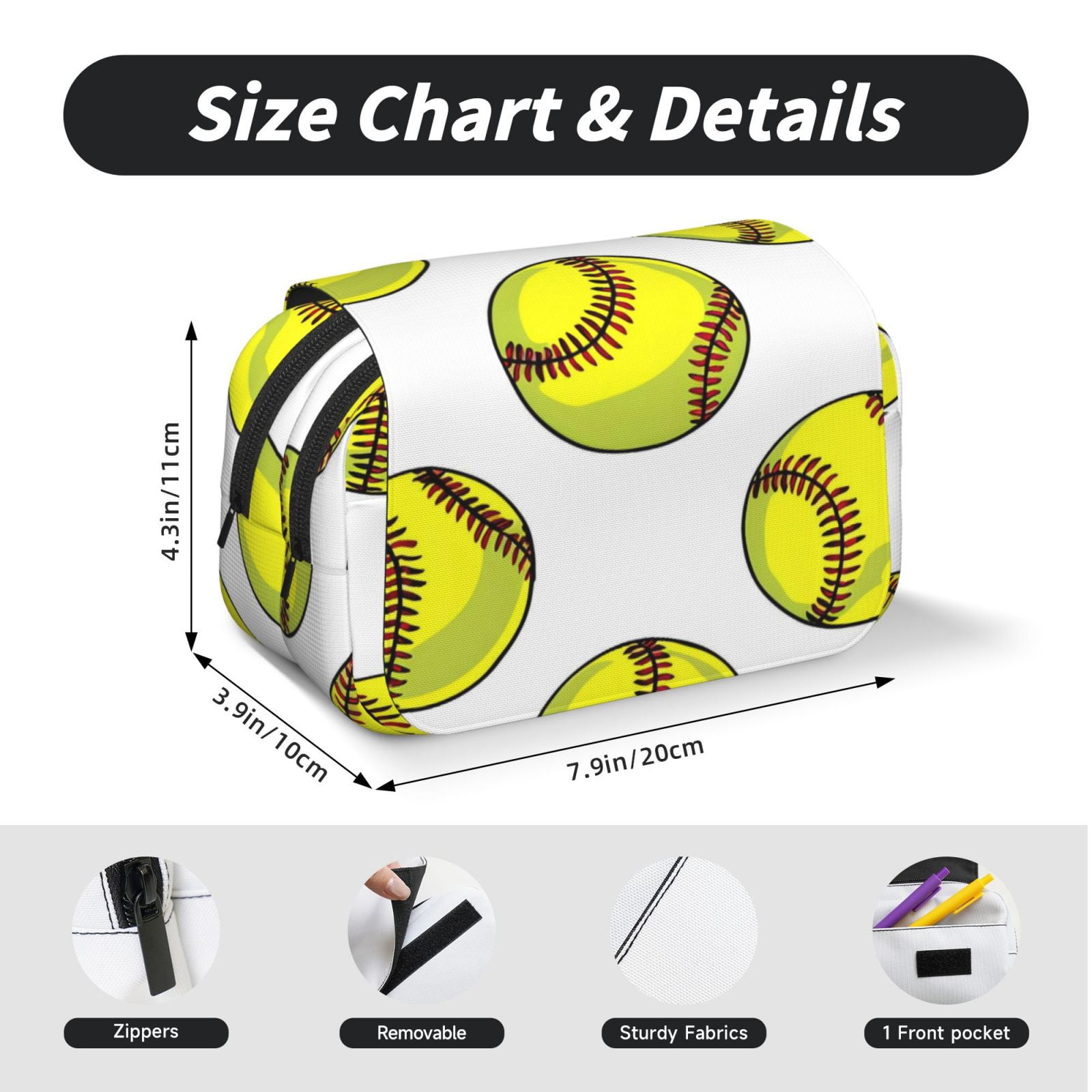 Large-Capacity Flip-Top Double-Layer Pencil Case, Multi-Functional Pocket Pen Case, Durable Stationery Organizer Yellow Softballs With Red Stitching Clean White Background