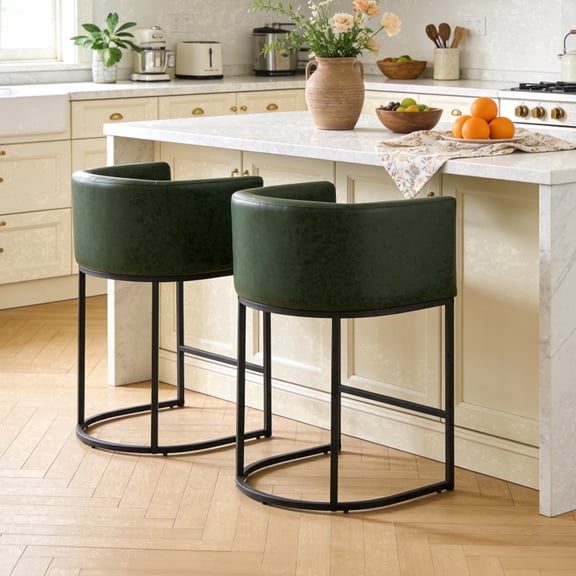 ClinQ 26" Counter Height Bar Stools Set of 2, PU Leather Barrel Bar Chairs with Back and Arms for Kitchen Island, Darkgreen